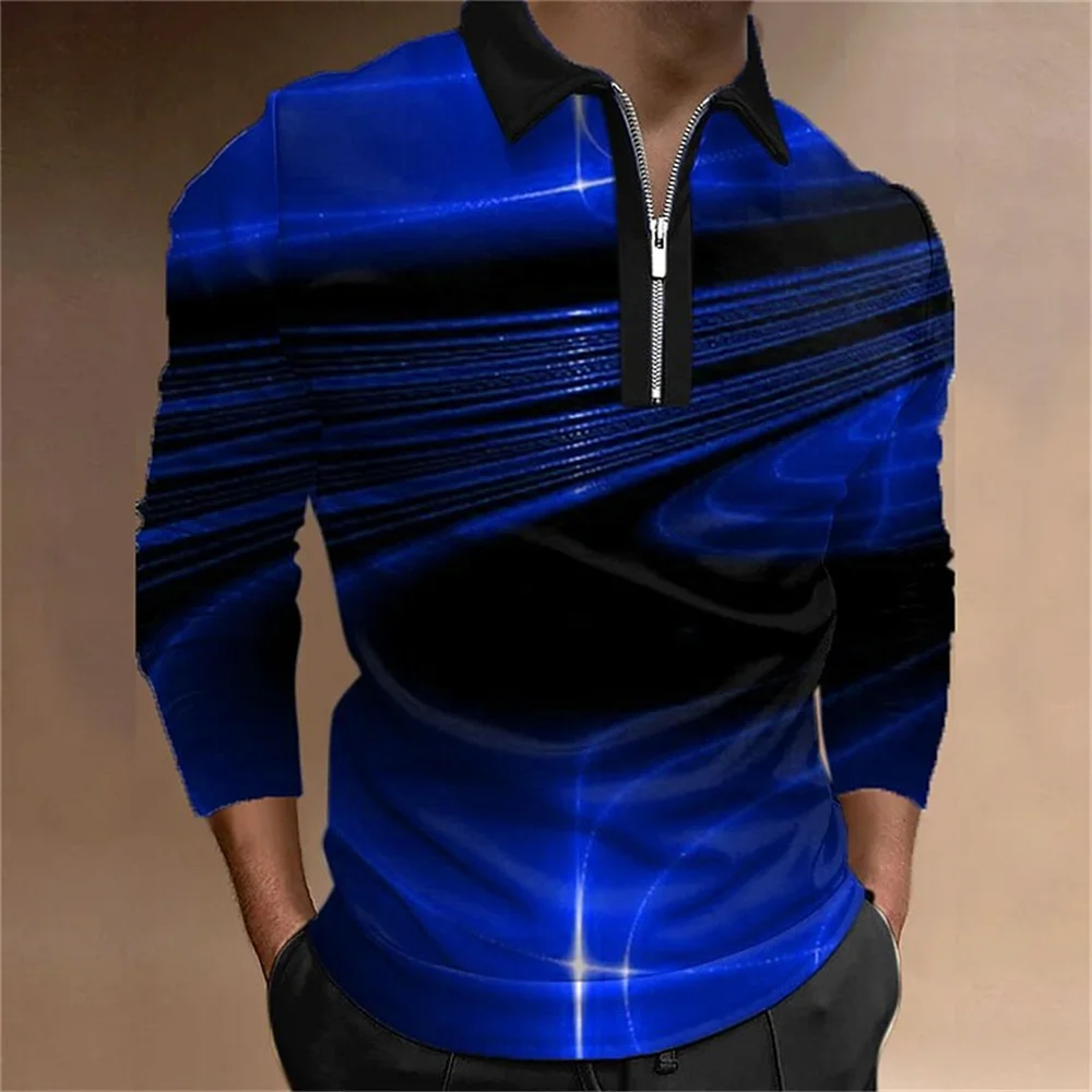 Fashion Men\'s Clothing Polo Shirts Casual Turn-Down Collar Zipper Golf Wear Ladder Print  Long Sleeve Tee Shirt Men Polos Tops