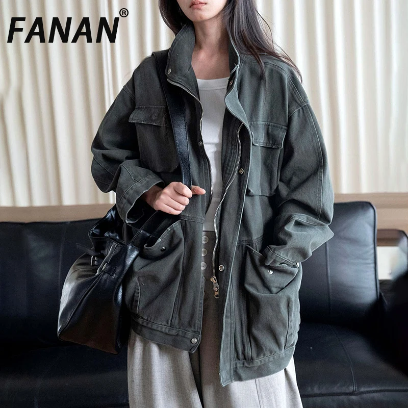 FANAN Women Dark Green Cargo Jacket Stand Collar Multi‑Pocket Zip Button Oversized Loose Casual Outerwear Coat Autumn New
