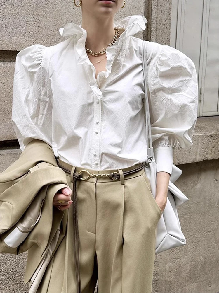 

Chic White Bubble Sve irt Women's Pure Color Lotus Le Collar Spring New Design Korean Sle Loose Fit Cotton Long Sve