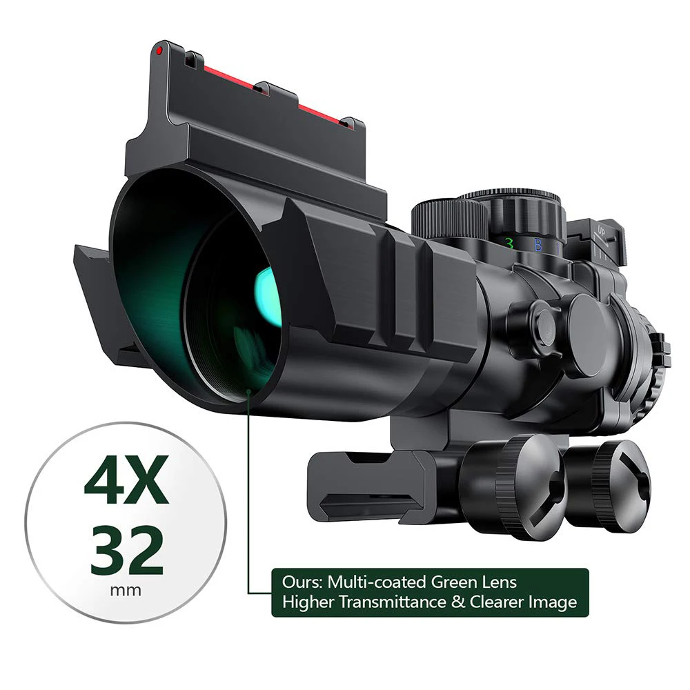 4x32 Tactical Rifle Scope Red &Green &Blue Illuminated Reticle Hunting Guns Scope with Mount for 20mm Rail and Fiber Optic Sight