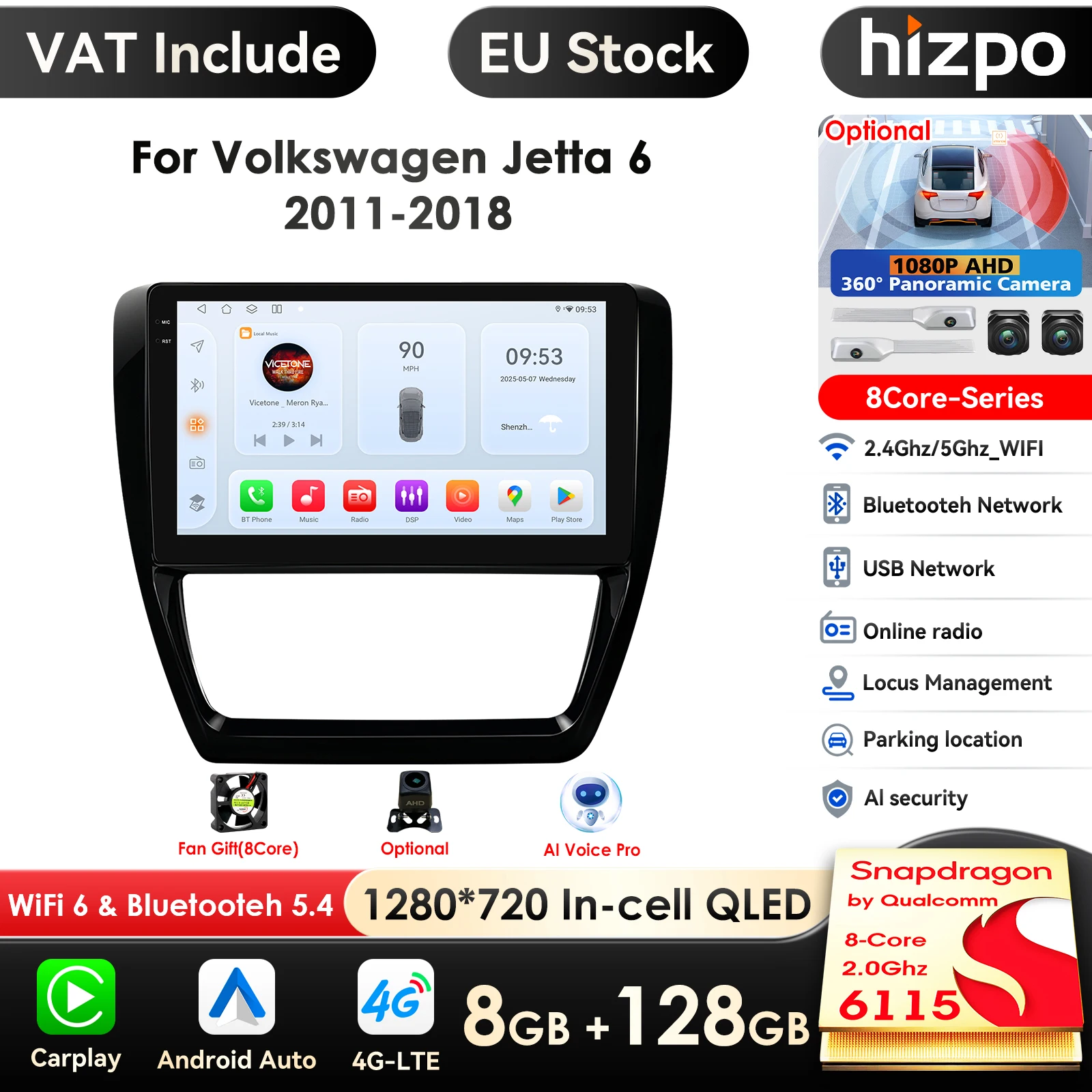 Hizpo 10,1 Zoll 6115 Auto Intelligenter Bildschirm Android Autoradio für Volkswagen Jetta 6 2011–2018 Navigation GPS Carplay 4G Video