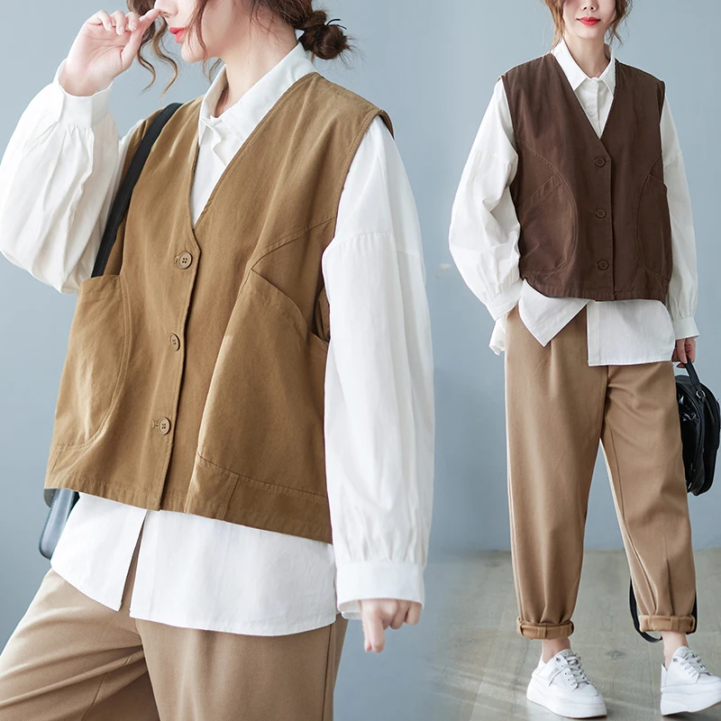 

Spring Pure Color Workwear Vest Top Large Size Women's V-ne ket Tee-button Fat MM Vest Jaet Loose Fit Commute Sle