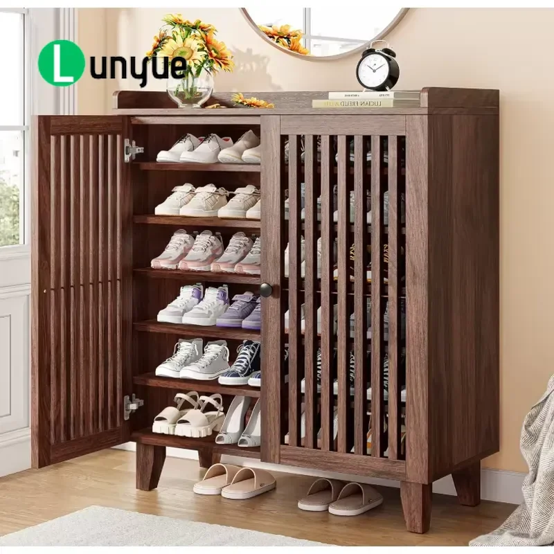 6 Layer Wooden Shoe Cabinet with Slat Door Adjustable Shelf Storage Rack for Entrance Hallway Passage Home Organization