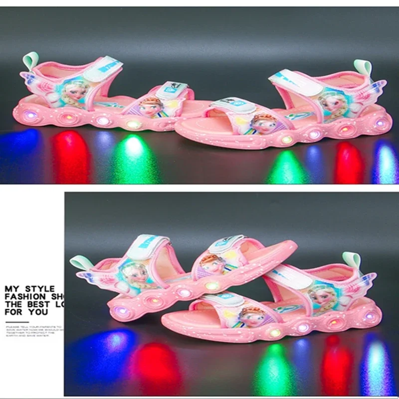 Baby Girls Sandals Summer Shoes Disney Frozen Anna Elsa LED Light Up Princess Slippers Children Kids Girl Soft Sport Beach Shoes