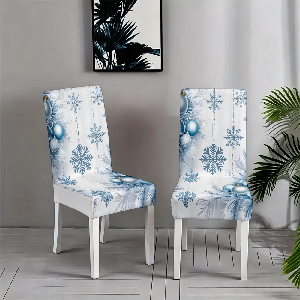 Ice Blue Christmas Bauble Snowflake Pine Branch Back Print Dining Chair Slipcover Stretch Xmas Chair Cover