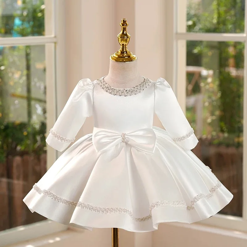 

Dreamy Vow Elegant White Baby Girl Dress Long Sleeve Satin Rhinestone Embellished Bowed for Kids Birthday Short Ball Gown J413