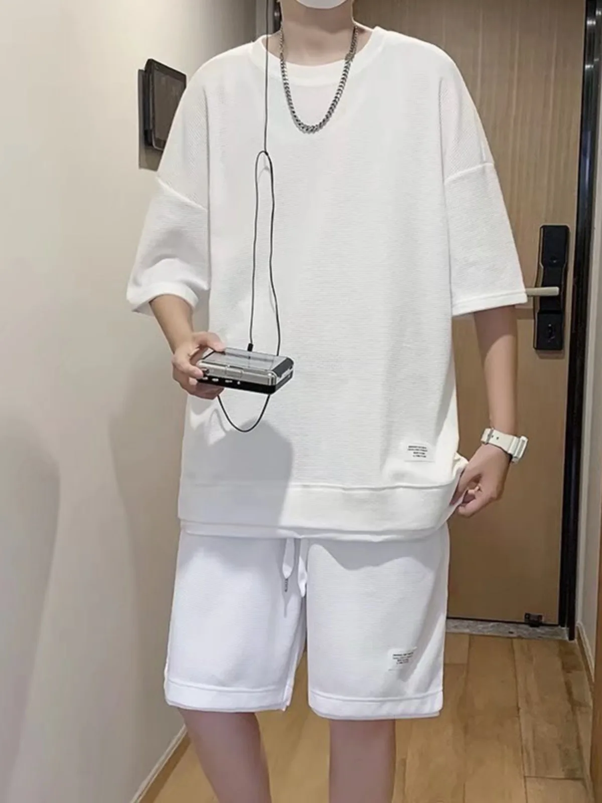 2025 New Summer Men Waffle Sets Casual T-Shirt and Shorts Set Male Sports Suit Solid Color Tracksuit Loose Suits Size 5XL