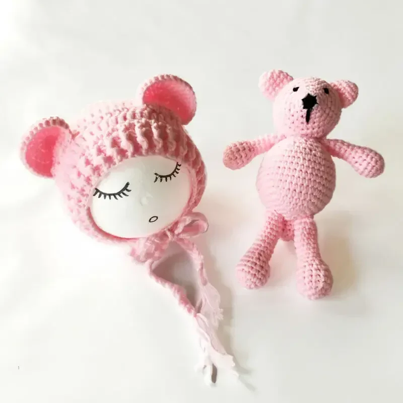 Newborn Photography Props Knitted Wool Bear Baby Girl Boys Hats Newborn Bear Hat Set Crochet Costumes Photography Accessories