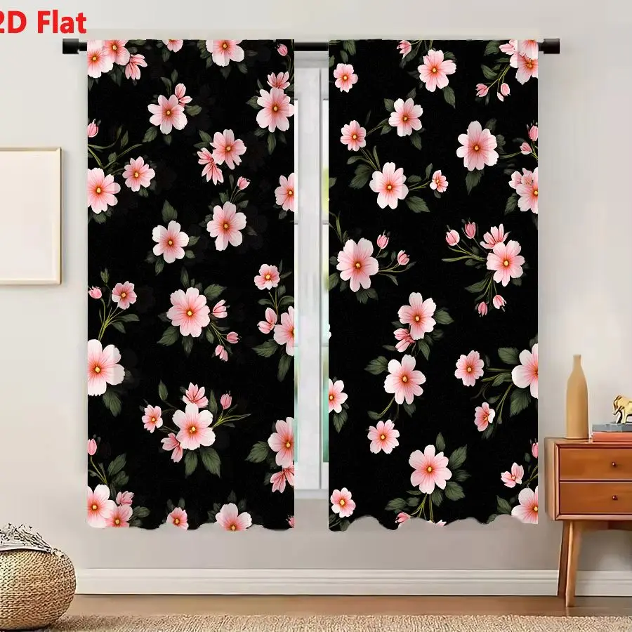 2Pcs Curtains 2D Flat Seamless Floral Pattern With Light Pink Roses And Green Stems On Black Background Window Drapes for Bedroo