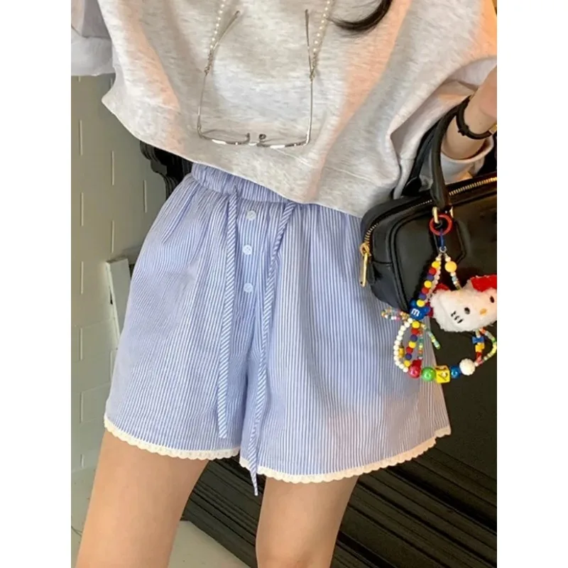 

Summer Casual Women's Short Pants Chic Fashion Stripe Lace Trim Drawstring Slimming Trousers High Waist Wide Leg Commute Sle