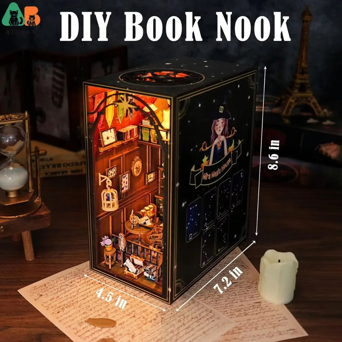 ATUBAN DIY Book Nook Kit,DIY Dollhouse Booknook,Library Booknook Shelf Insert Decor,3D Wooden Bookends Miniature Kit with Light