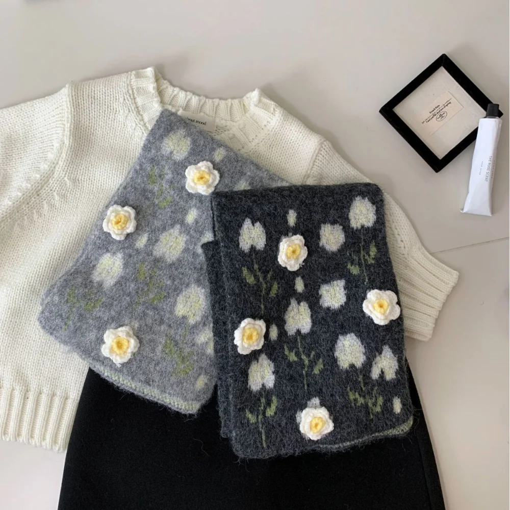 

3D вязаный шарф с камелией, осенне-зимний теплый шарф, женский модный шерстяной морозостойкий шарф, студенческий многофункциональный шаль, глушитель