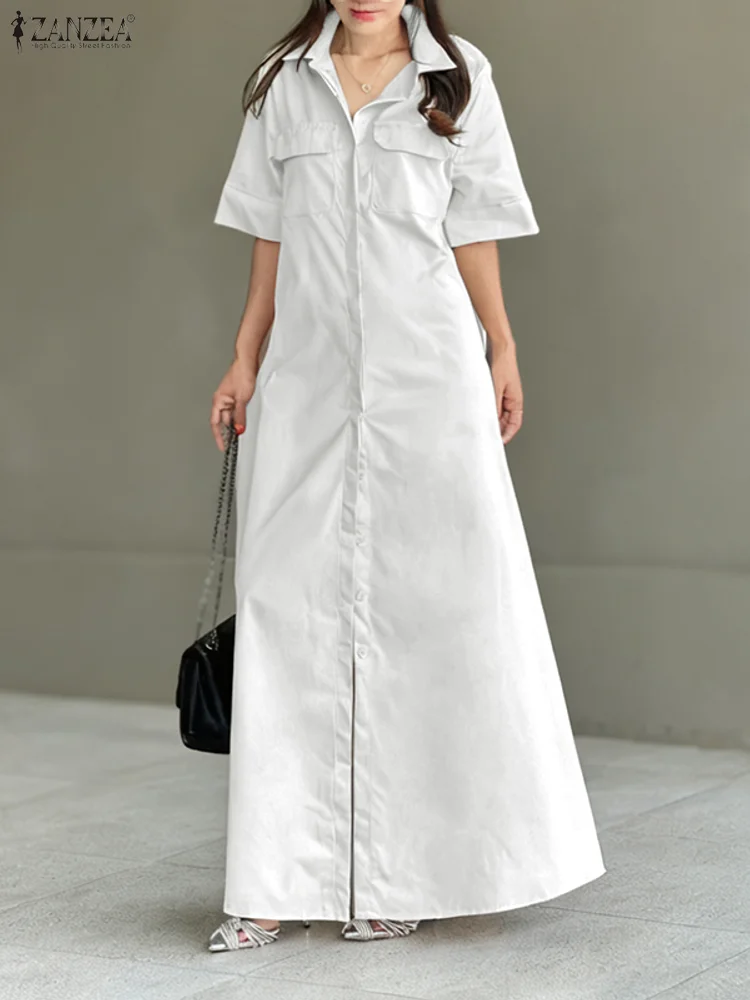 ZANZEA Women Fashion Long Shirt Dress Summer Half Sleeve Belted Streetwear Maxi Vestidos 2025 Elegant Buttons Casual Loose Robe
