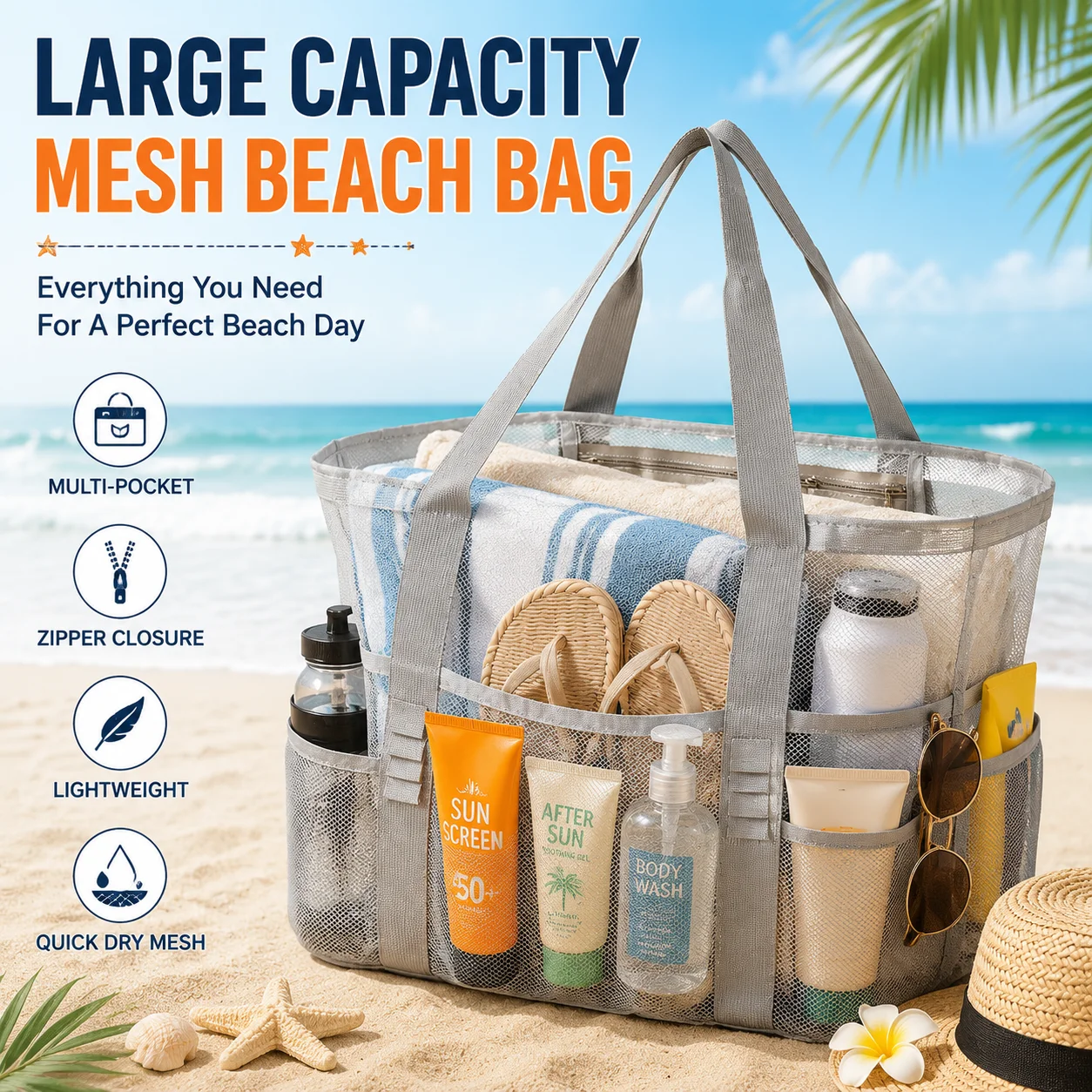 1 Pack Gray Mesh Beach Bag for Women, Large Capacity Beach Essentials Tote with Zipper, Multi-Pocket Waterproof Shoulder Bag for Pool, Swim, Travel, Vacation, Cruise, Resort, Camping, Picnic & Beach Days
