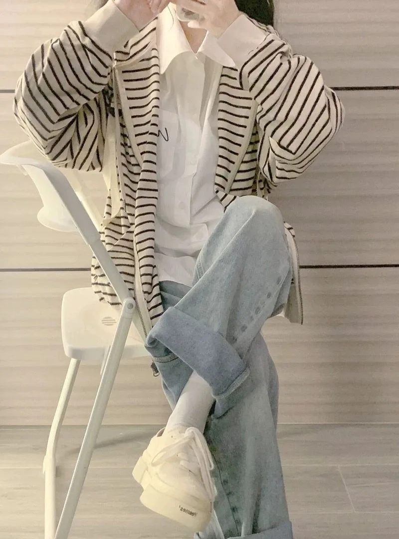 Koreanischer Vintage-Streifenpullover für Damen, Frühling/Herbst, Neuer Lässiger Kapuzen-Cardigan mit Reißverschluss, Dünner Freizeit-Oberteil für Damen – Detail 6