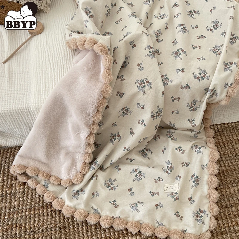 90X130cm Warm Winter Baby Blanket Pompom Blush Sprigs and Blooms Minky Blanket Floral Baby Blanket Quilt Bedding Cover