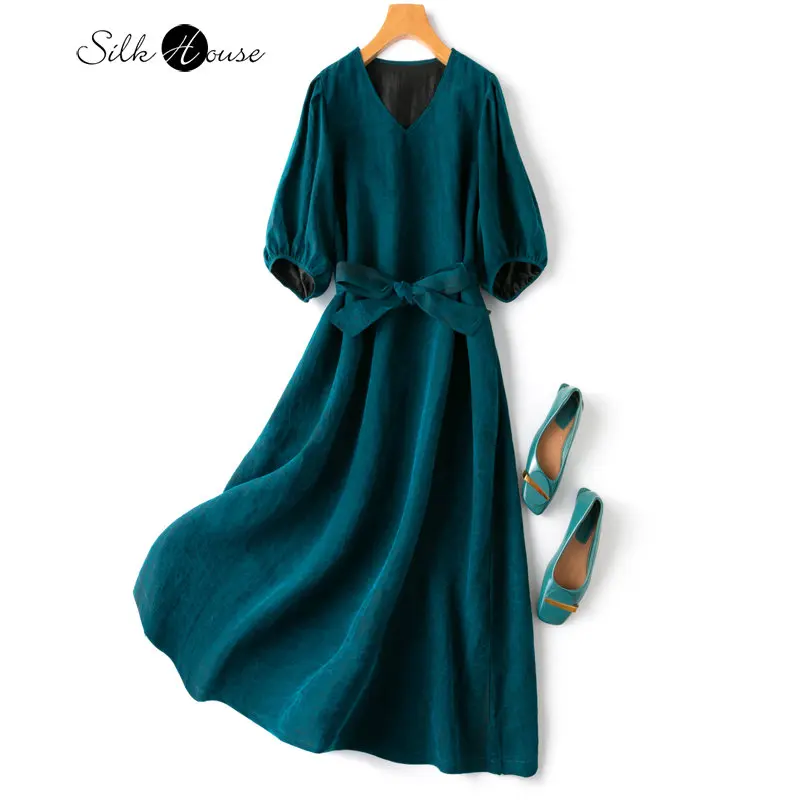 2023 Women\'s Fashion Spring/Summer New Turquoise Green Turtle Crack Fragrant Cloud Silk Commuter Dress