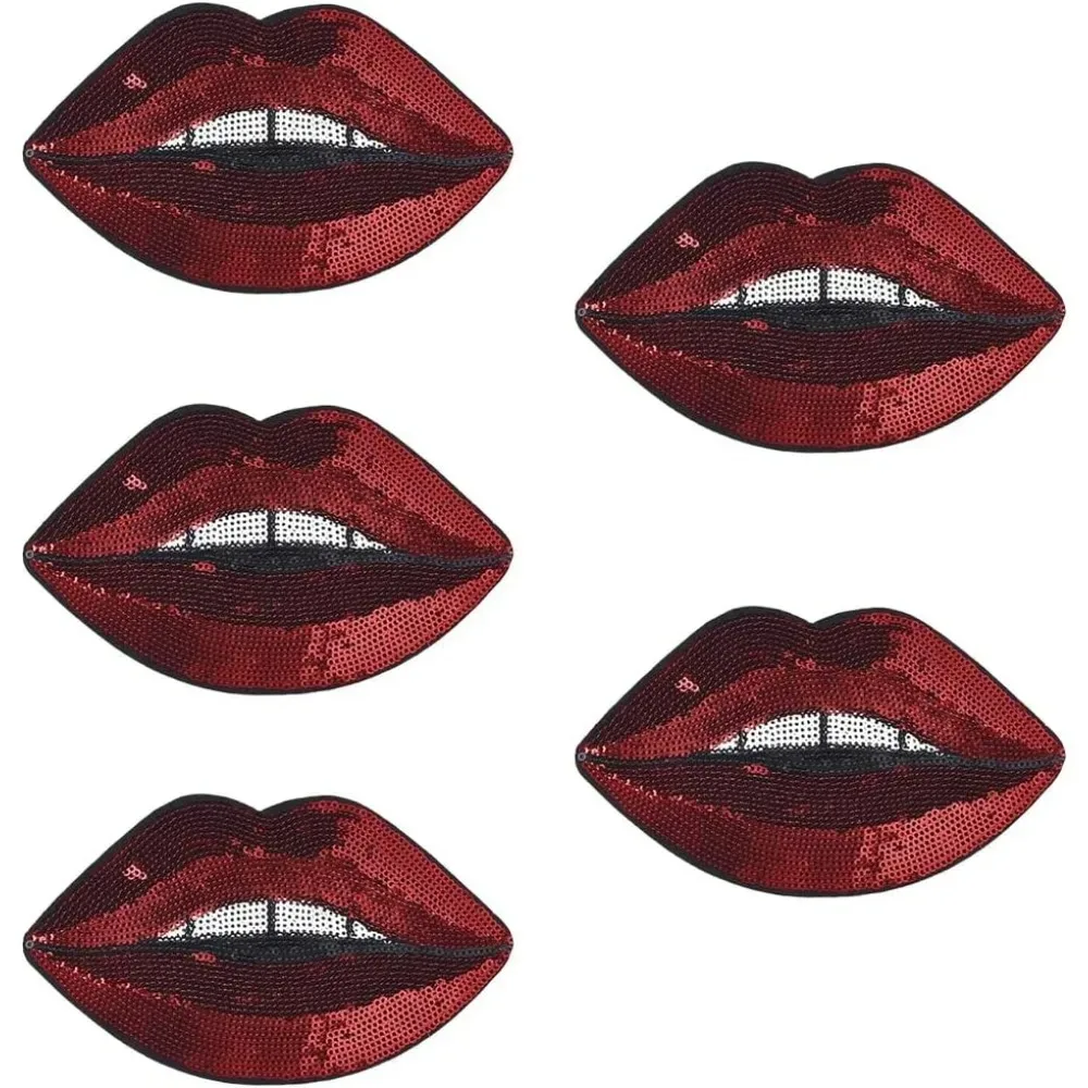 5 Stück 161 x 102 mm glitzernde rote Lippen-Patches zum Aufnähen von Pailletten, sexy Mund-Patch zum Aufbügeln, Bling, großer Kuss, bestickte Reparatur-Applikation