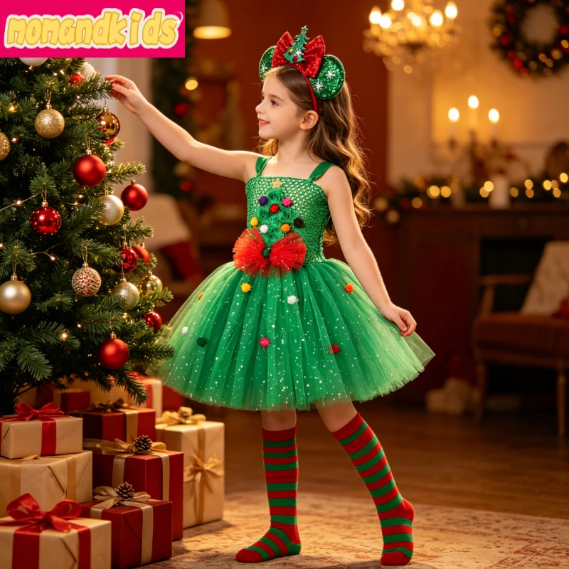 Sequined Xmas Themed Princess Mesh Outfit in Classic Holiday Tones, Great for Christmas Eve Gatherings and Stage Performances