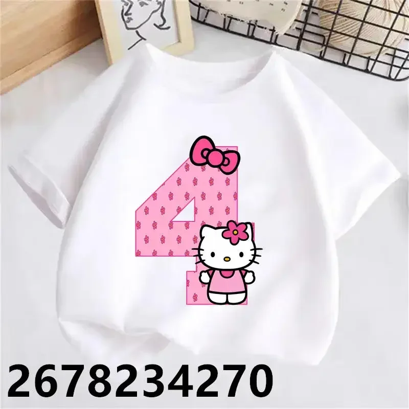 Hello Kitty Children White T-shirt Birthday Number 1-9 Shirts Kawaii Sanrio Y2k Cartoons Kid Girl Boy Streetwear Casual Clothes