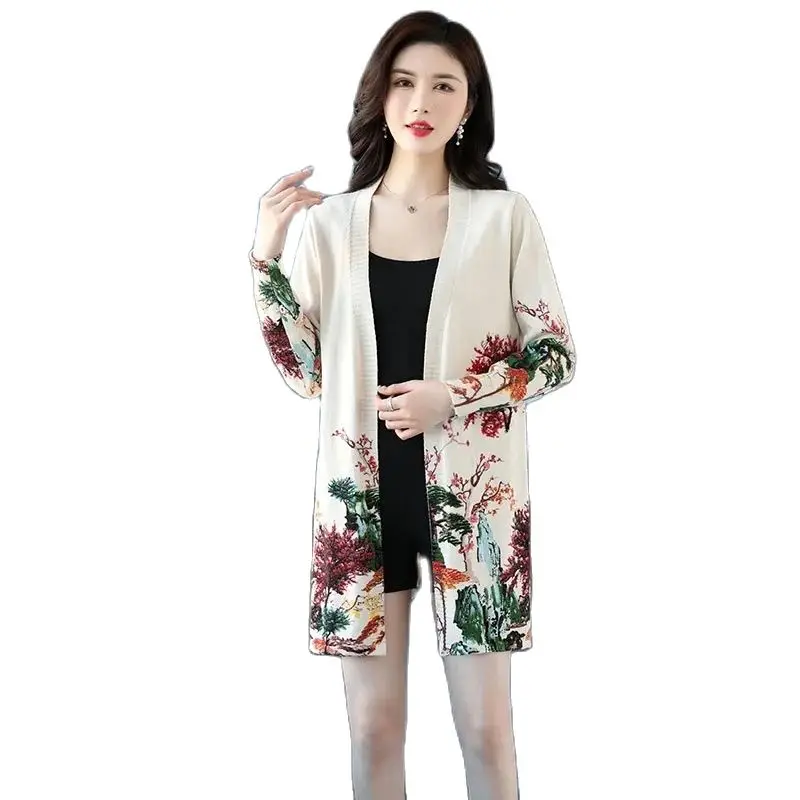 Long Printed Sweater Cardigan In National Style 2023New Spring And Autumn Rich Woman Mother Shawl Air-conditioned Shirt in Tide