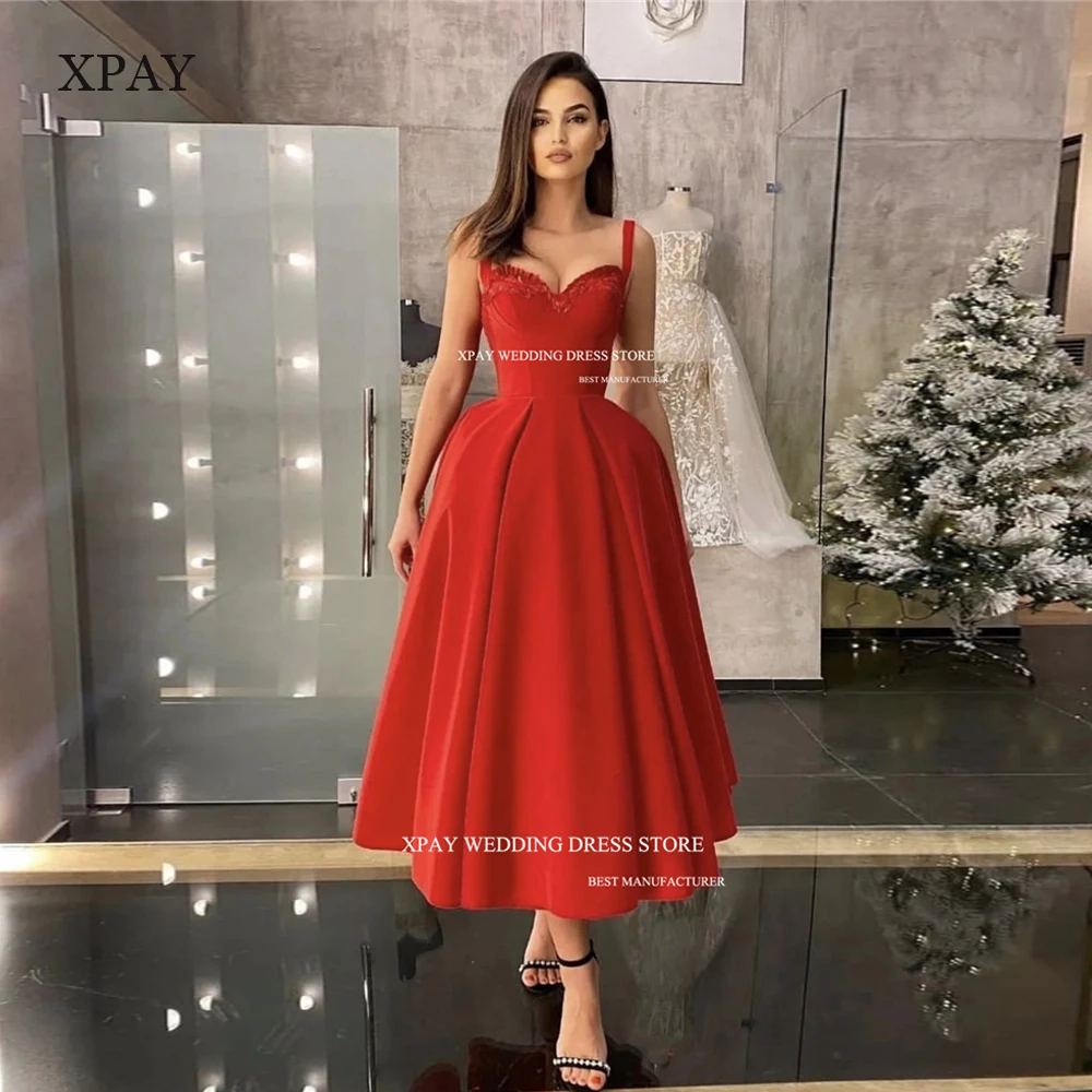 

XPAY Sexy Prom Dresses Ruffles Sweetheart Spaghetti Strap Tea-Length Dubai Arabia Women Evening Gowns Cocktail Party Dress