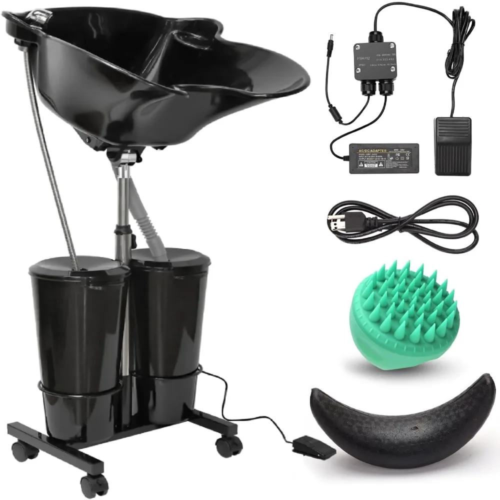 Portable Shampoo Bowl with Pump Washing Sink for Salon Wash Shampoo Bowl with Massage Brush with Shower Hose and Neck Rest