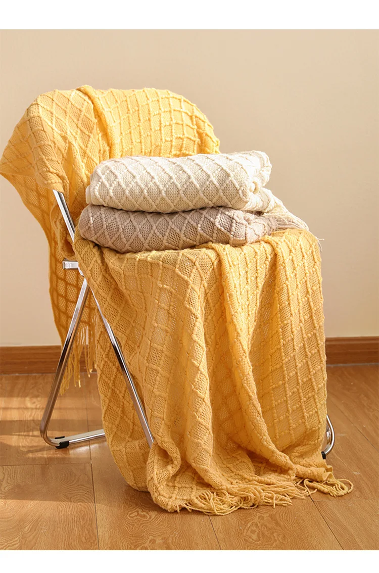 Acrylic Knitted Throw Blanket Lightweight Soft Cozy Yellow Checked Design with Tassels Travel Couch Bed Sofa Decor Halloween