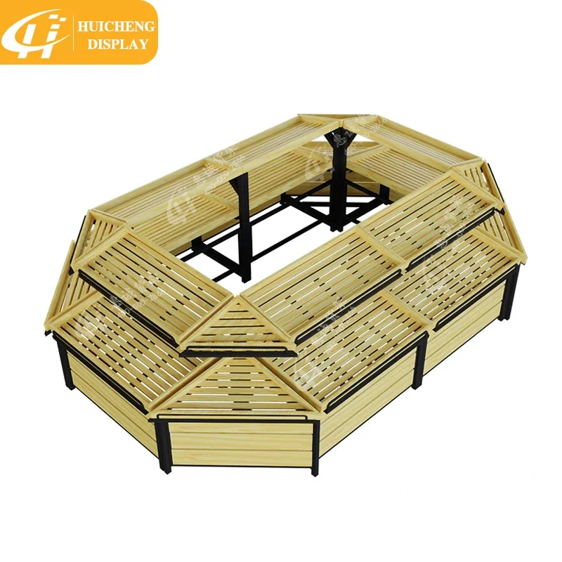 Customized Hot Sale Round Wood Fruit Vegetable Display Rack Supermarket Shelves