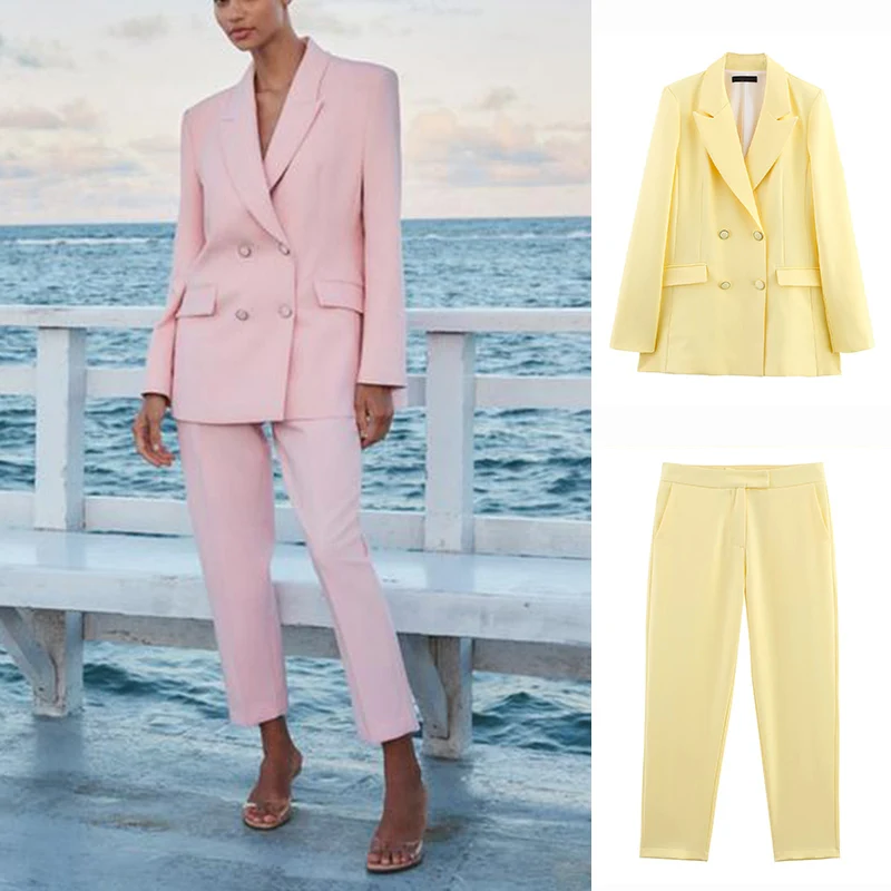 

Двубортный костюм с длинными рукавами и воротником-стойкой Jaet Брюки длиной до щиколотки с высокой талией Неудобный женский ансамбль из двух предметов