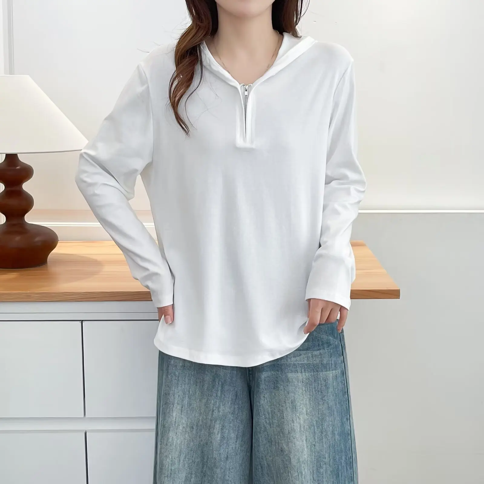 

Fashion Plus Size Women's T-Shirt New Style Autumn Hooded Zipper half-collar Long Sleeve Hoodie Top 8822