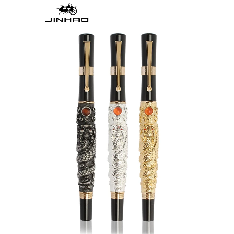 

Jinhao Flying Dragon Ancient Fountain Pen, Metal Embossing Iridium Fine Nib Noble Golden Color Business For Office & School