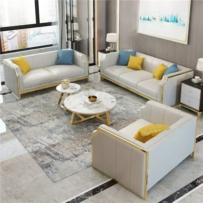 luxury golden metal frame office leather sofa 3 seat combination sofa set modern couch for home living room furniture hotel sofa