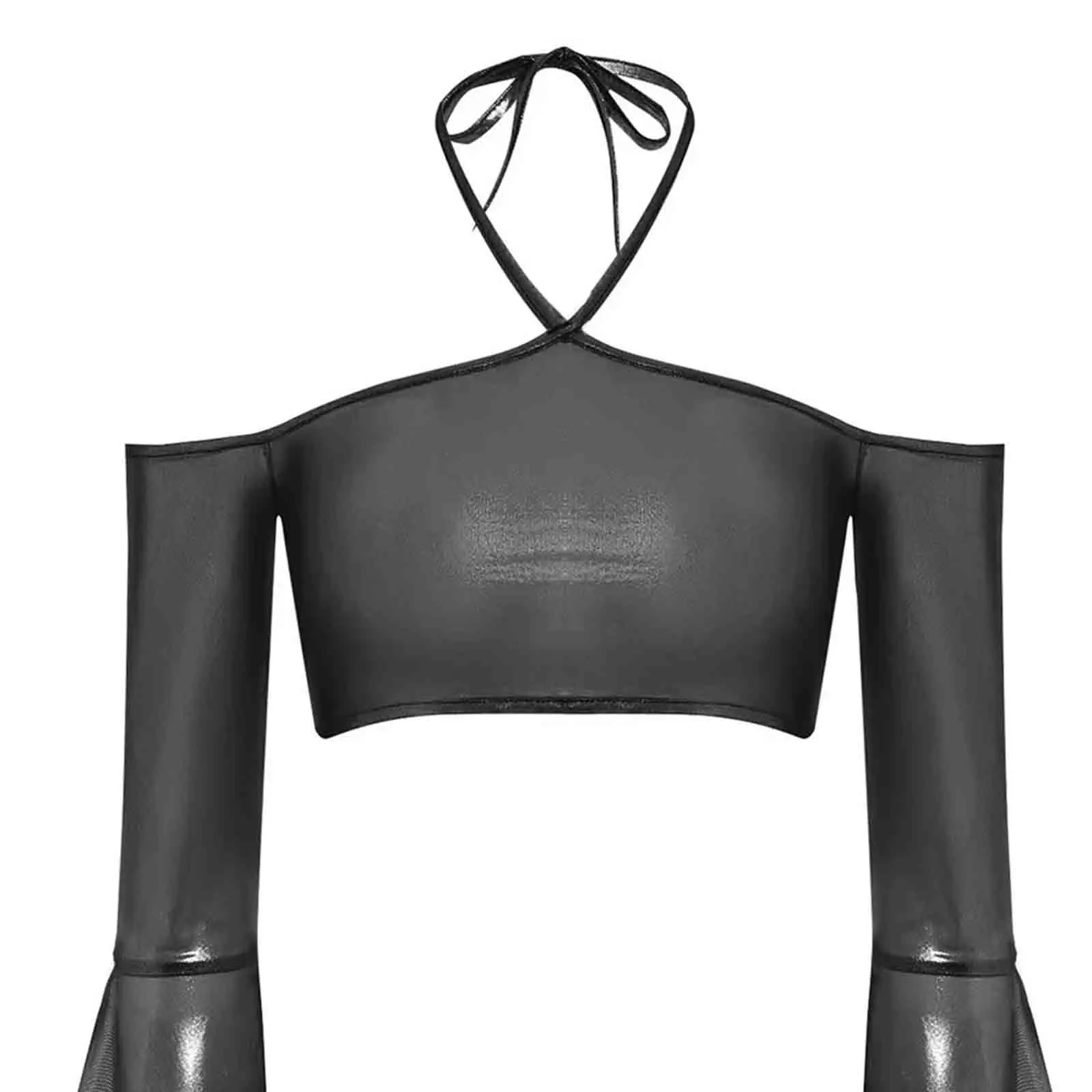 

Women Off Shoulder Halter T-shirt Top Shiny See Through Sexy Bikini Bra Cover Up Tops for Camisole Corset Party Bar Dance Shirts