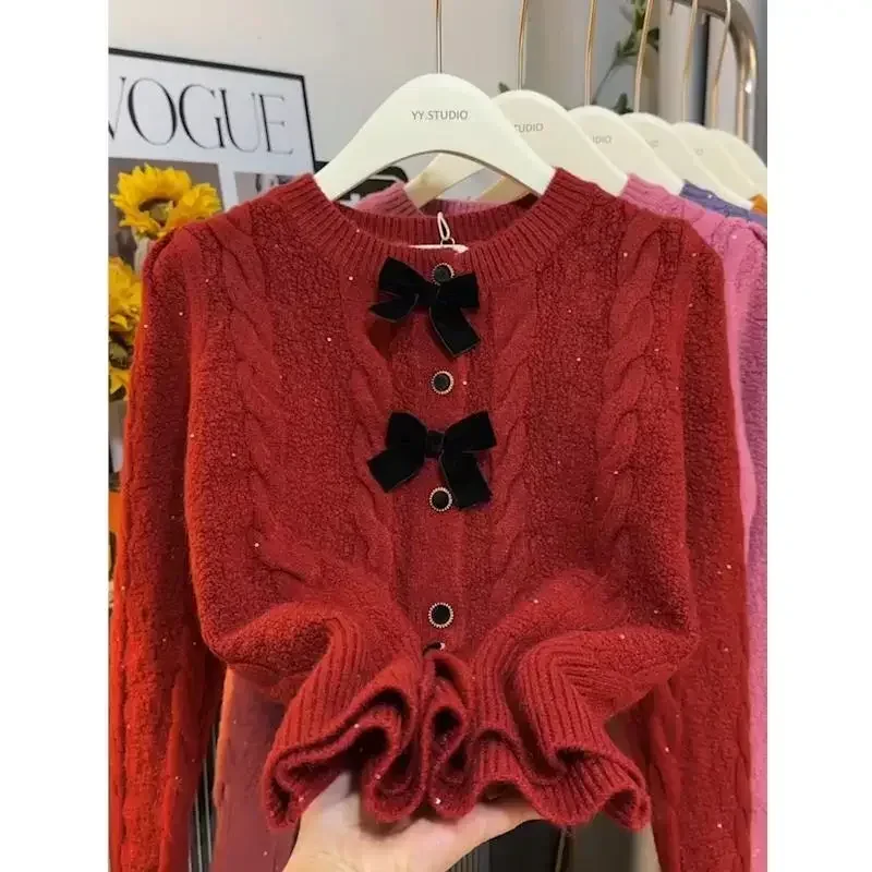 Y2k Loose Cardigan Single Breasted O Neck Elegant Black Bow Sueter Mujer Short Knitted Waved Sweaters Korean Sweet Women