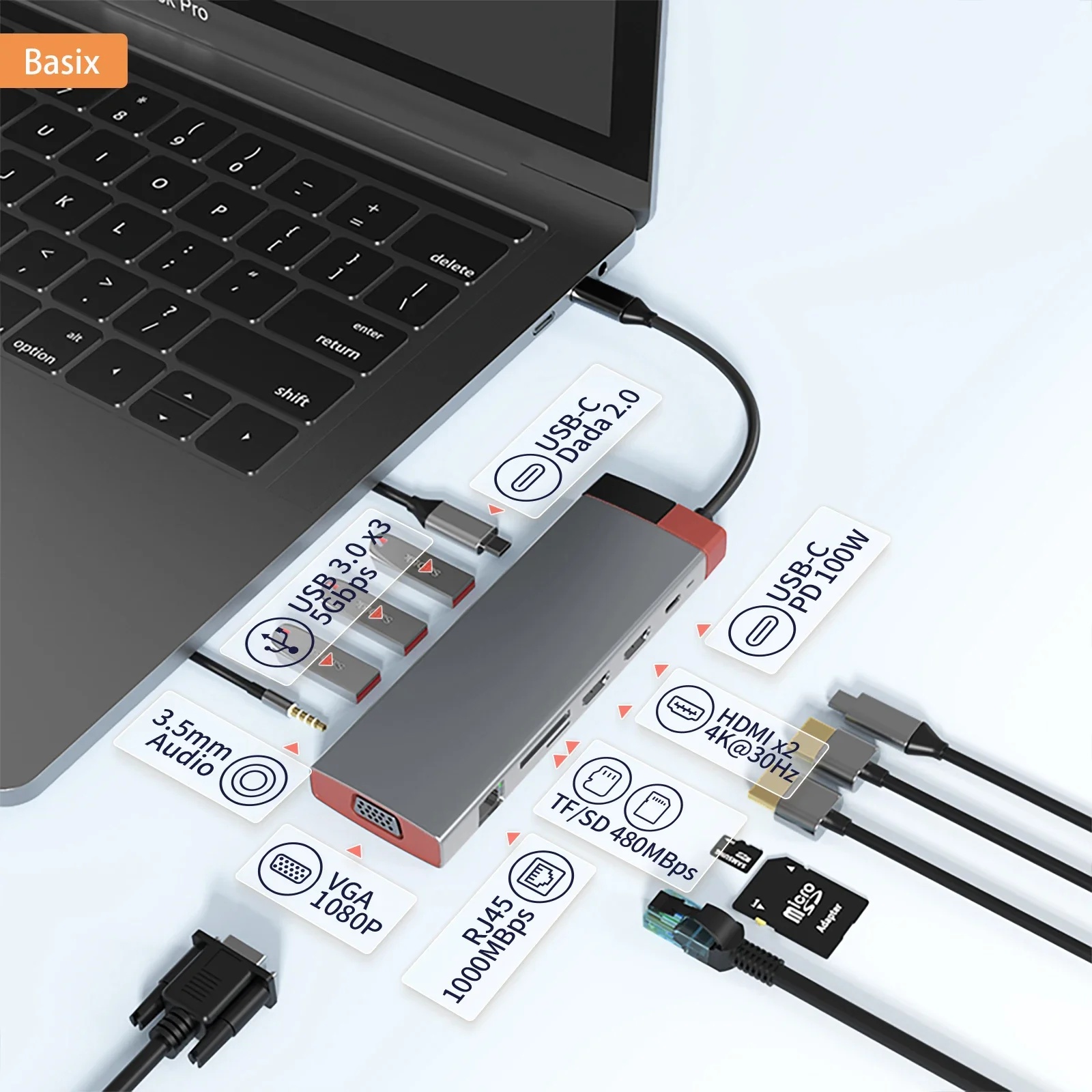 

Basix Type-c HUB Double HD-MI Compatible Docking Laptop Adapter with RJ45 HD-MI Connector for Macbook Air M1 iPad Pro HUB