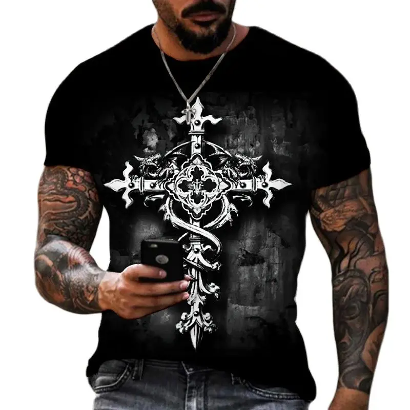 Summer Men\'S 3d Printed T-Shirt Jesus Cross Print Retro Catholic Harajuku O-Collar Short-Sleeved Casual Fashion Plus Size Top