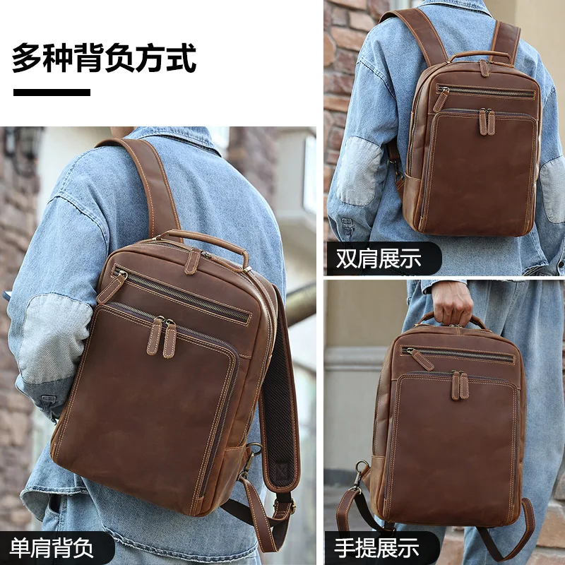 Retro Genuine Leather Backpack Large Capacity 15.6 Inch Crazy Horse Leather Computer Bag High-end Travel Backpack