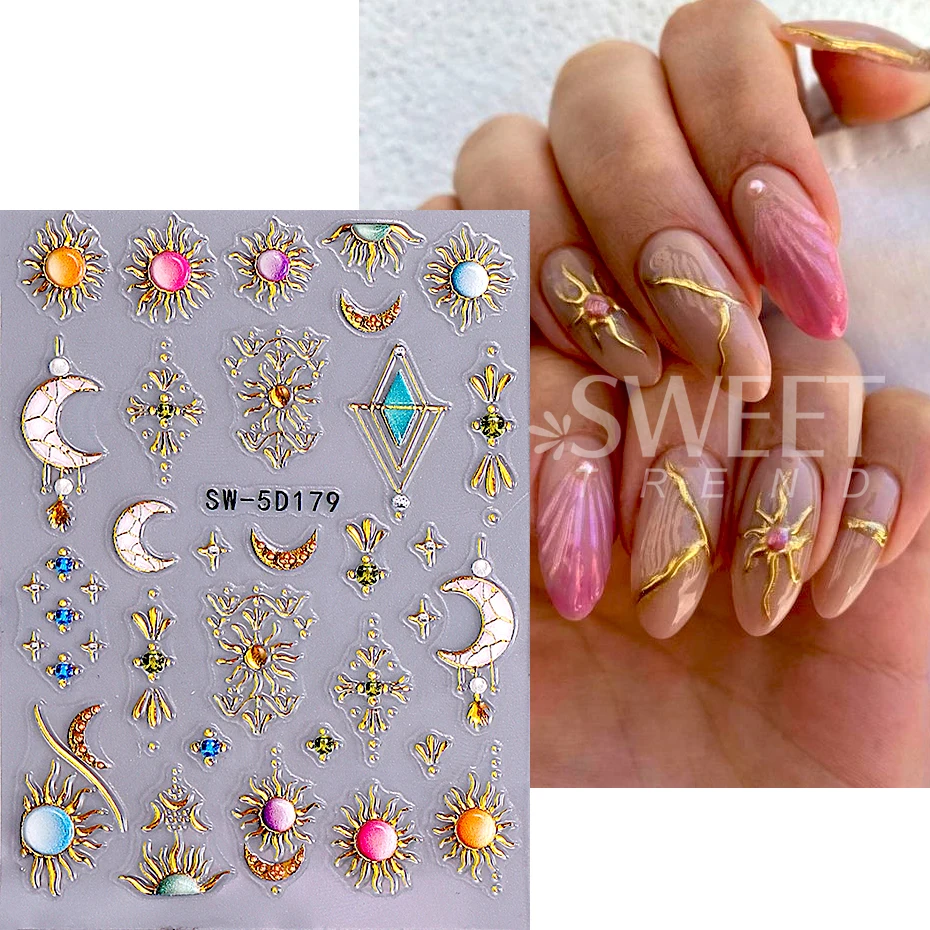 5D Moon Star Flower Nail Art Stickers Decoration Bohemian Style Sun Gem Line Pattern Decal DIY Manicure Sliders Nail Supplies