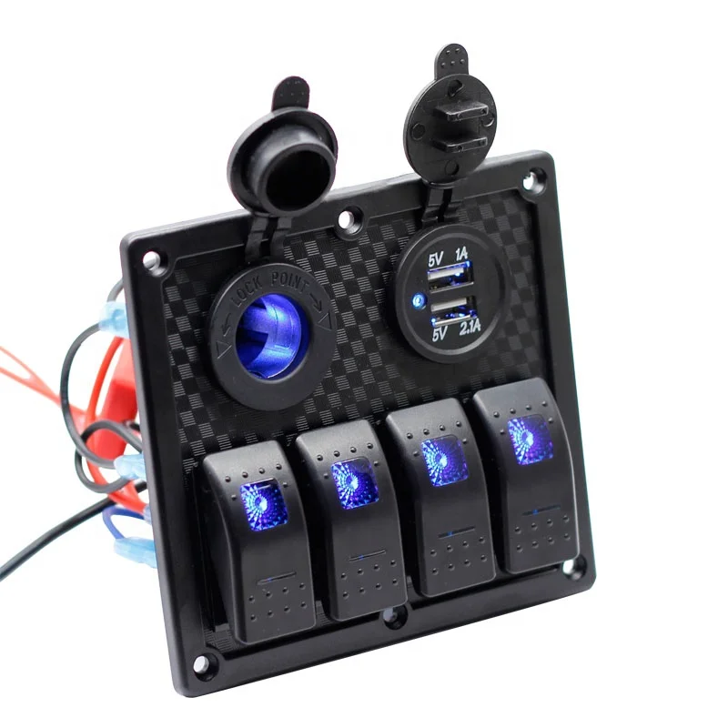 

Waterproof 12V Auto Parts Marine Rocker Switch Dual USB 3.1A Outlet LED Voltmeter 4 Gang Rocker Switch Plastic Panel for Boat