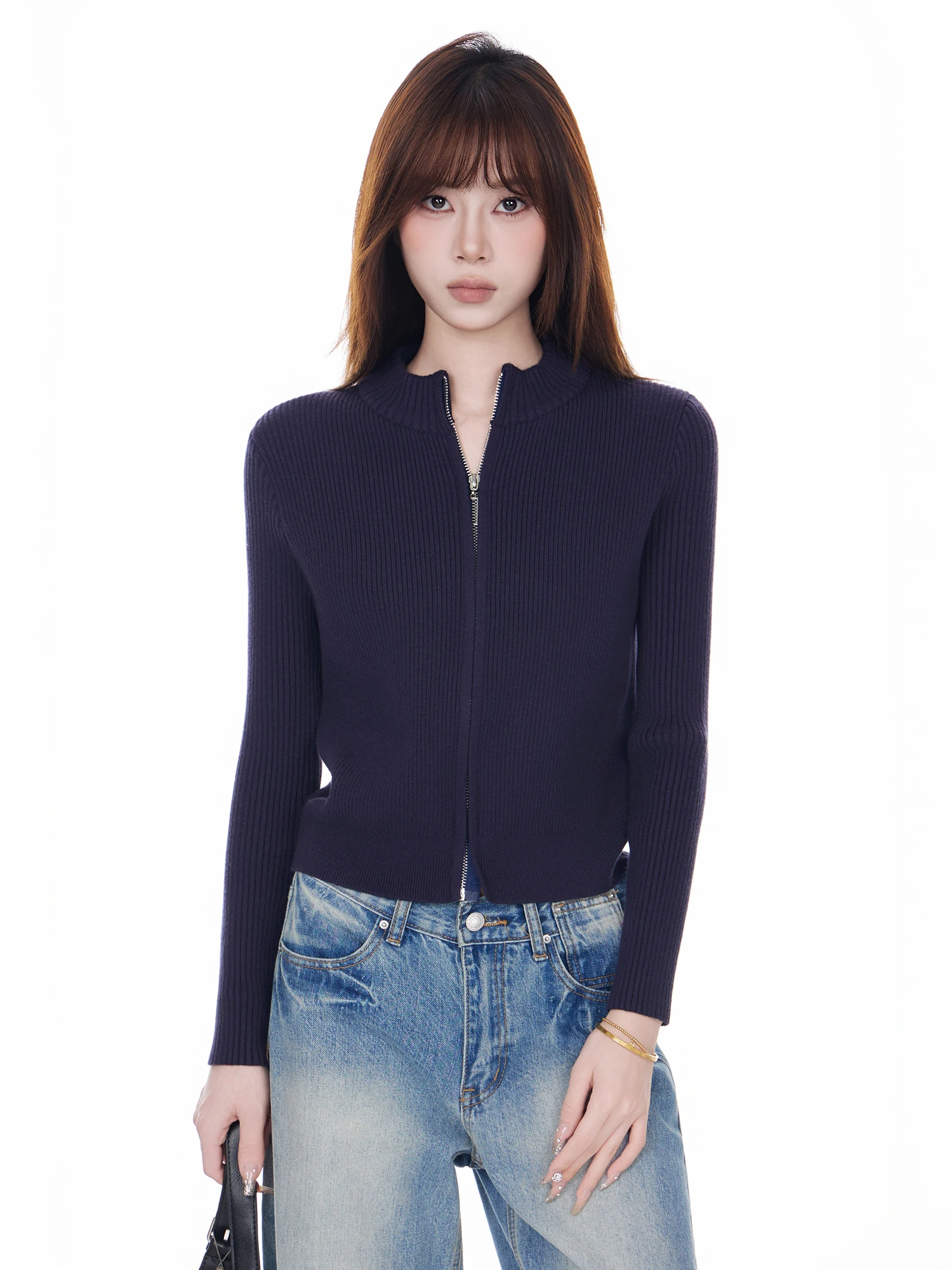 

American Sle Retro Zipper Knitted Sweater Cardigan Women's Faion Spring New Slimming ort Coat Versatile Casual Long Sve