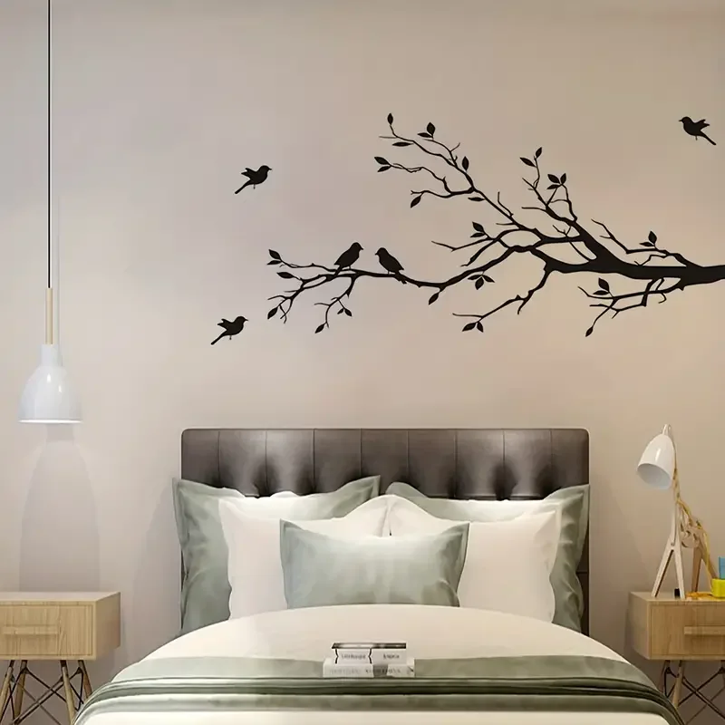 1 pegatina de pared con silueta de personalidad, silueta de pájaro de rama negra, pegatina de vinilo impermeable extraíble, pegatina de pared para la parte posterior