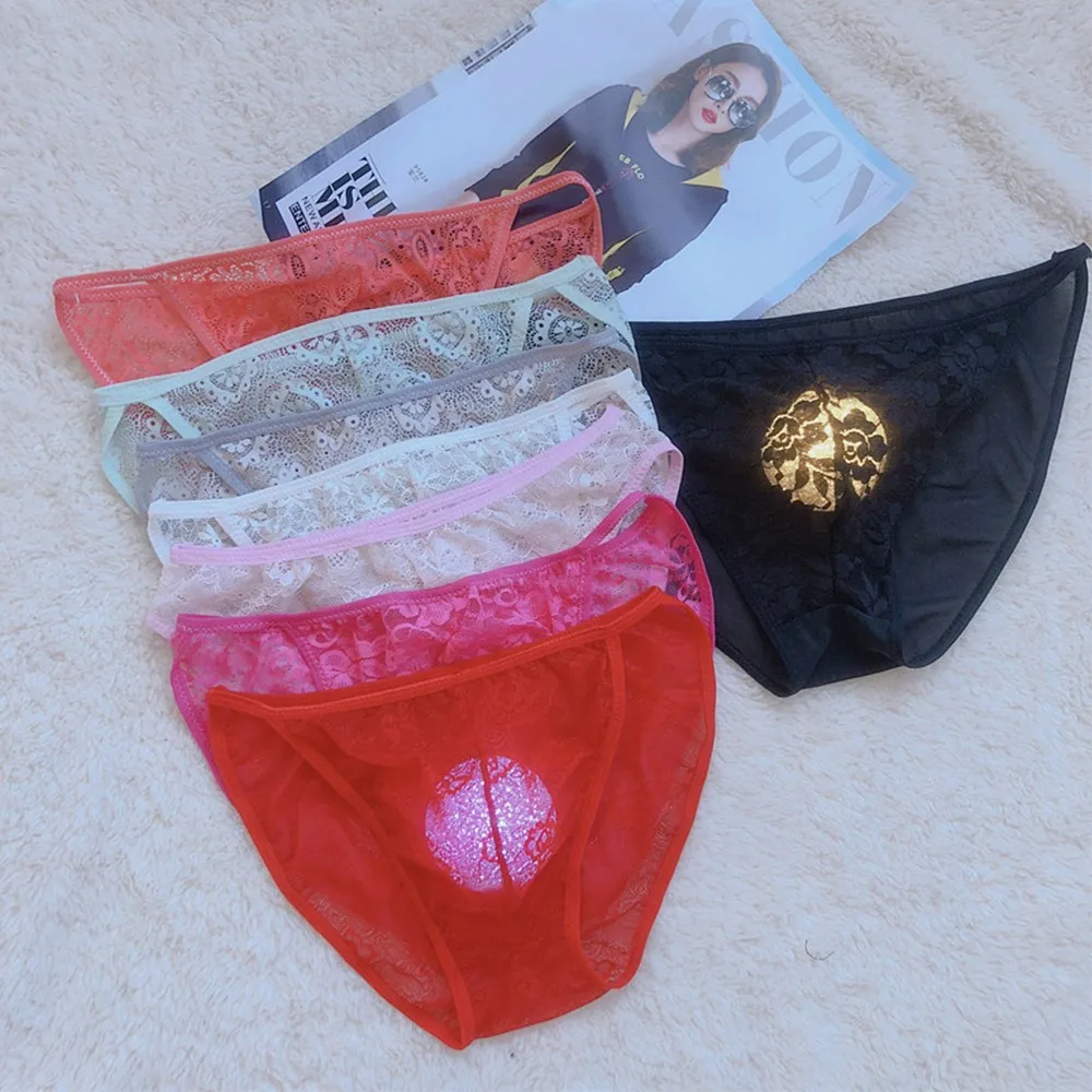 

Sexy Men Unferwear Lace Mesh Sheer Briefs Bulge Pouch Bikini Thongs Soft Elasticity Breathable Underpants Solid Summer Lingerie