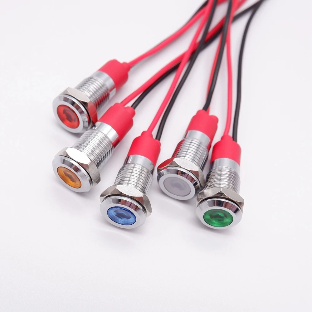 8mm Warning LED Metal Indicator Light Pilot Waterproof Signal Lamp 5V 12V 24V 220v With Wire Red Orange Blue Green White 1Pce