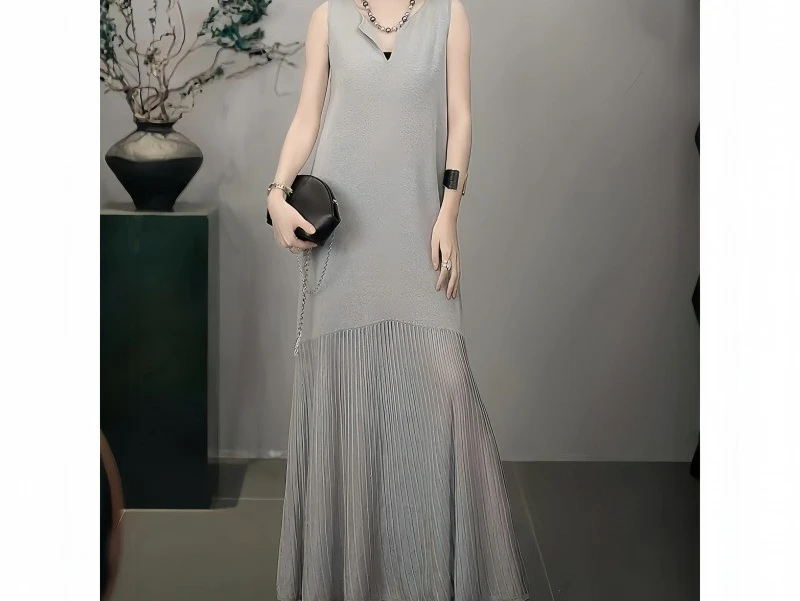 

Premium Gray Thin White V-neck Sleeveless Splicing Micro-transparent Hem Dress