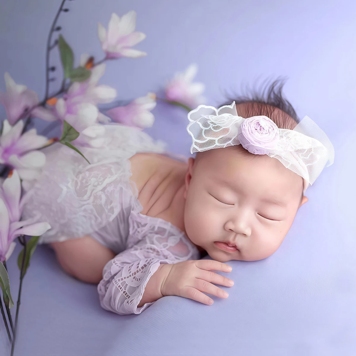 Ylsteed Newborn Photography Lace Romper Set  Floral Headband Style Baby Photo Outfit for Newborn Memories