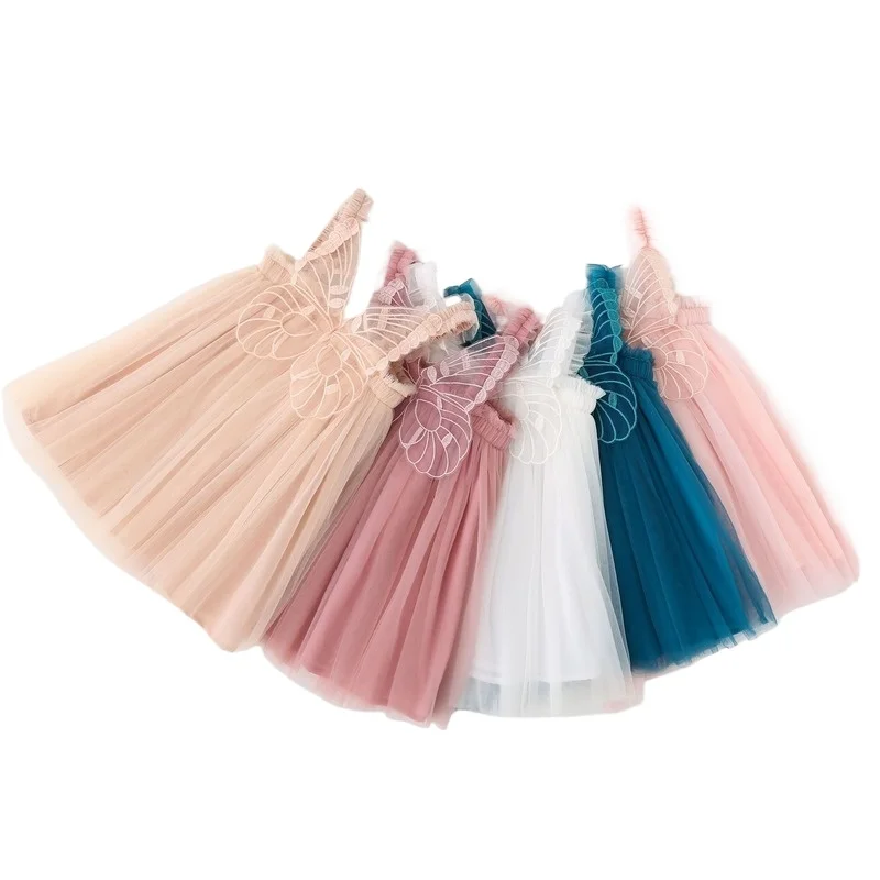 Summer Girls Kawaii Angel Wings Fairy Puffy Dress Toddler Kid New Mesh Sling Birthday Princess Dress Soft Girls Casual Dresses