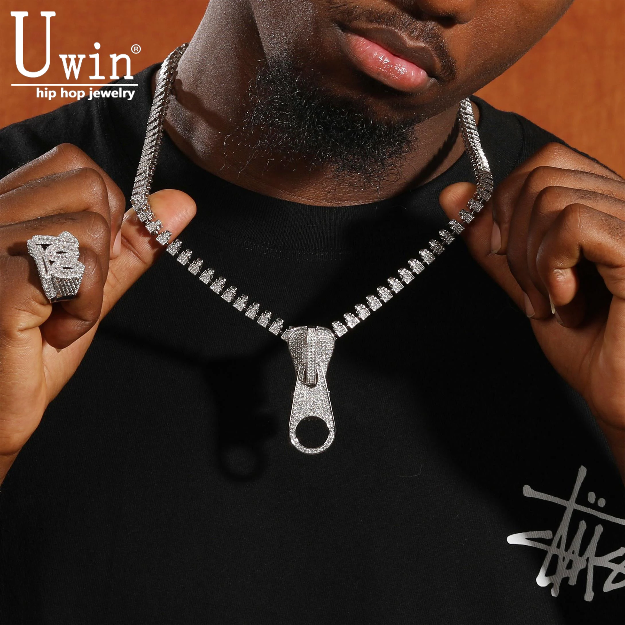 

Uwin Zipper Statement Necklace Paved Out Cubic Zirconia High Quality Charm Fashion Hiphop Punk Jewelry For Men Women Gift