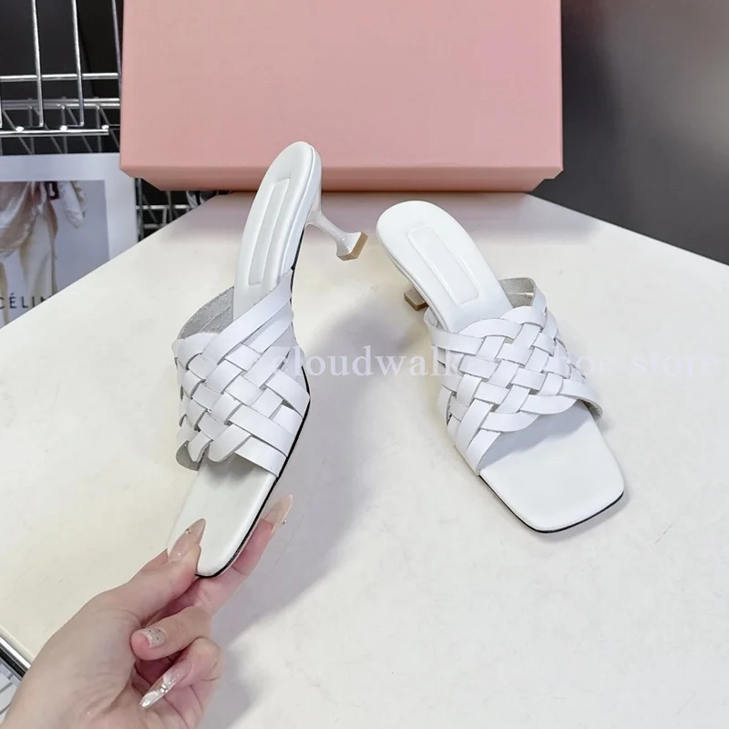 

White Genuine Leather Woven Design Summer Cool Slippers Fashion Square Toe Flat Slingback Sandals Vacation Versatile Sandals
