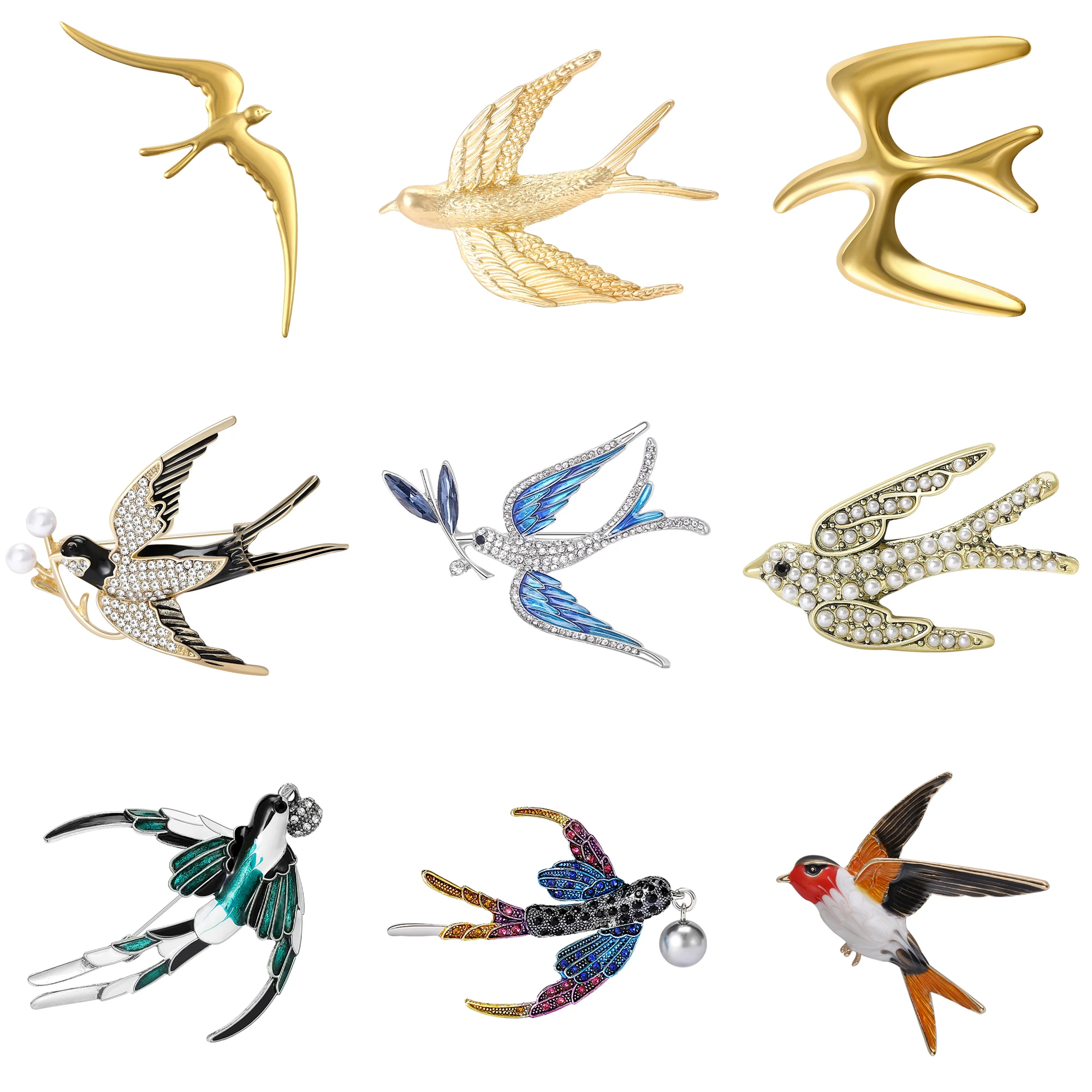Classic Rhinestone Swallow Brooches for Women Unisex Enamel 